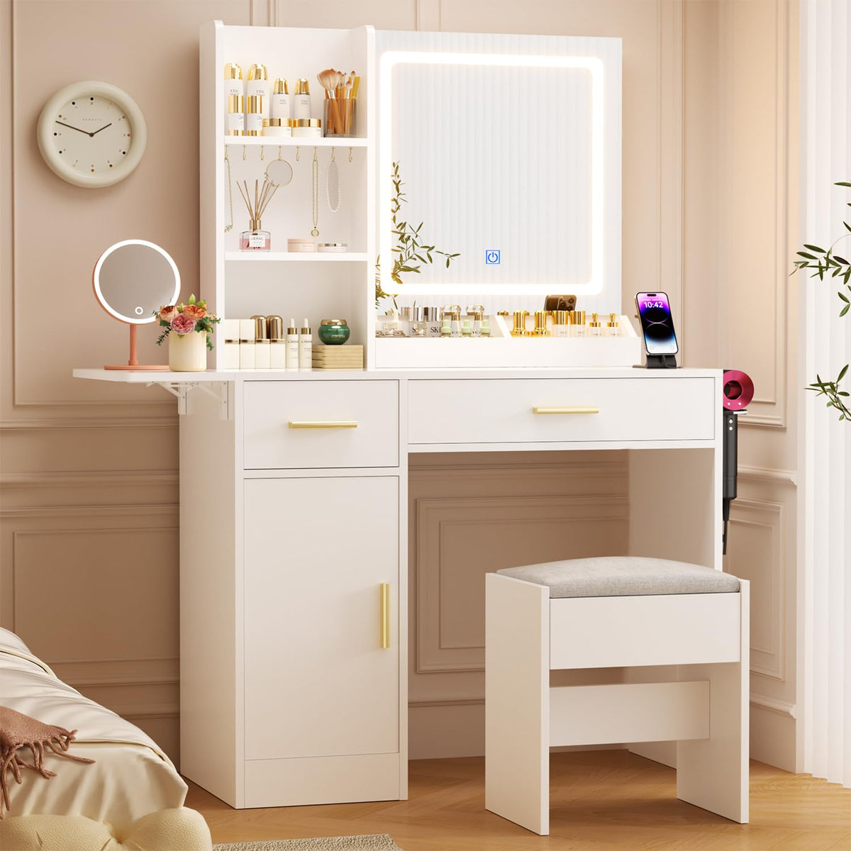 ERLEJIA Vanity Desk with Mirror and Lights & Extral Foldable Desk, 35.43" & 43.3" Makeup Vanity Table with Stool and Plug Outlet, 5 Drawers and Open Shelves Dressing Table for Bedroom, White and Gold