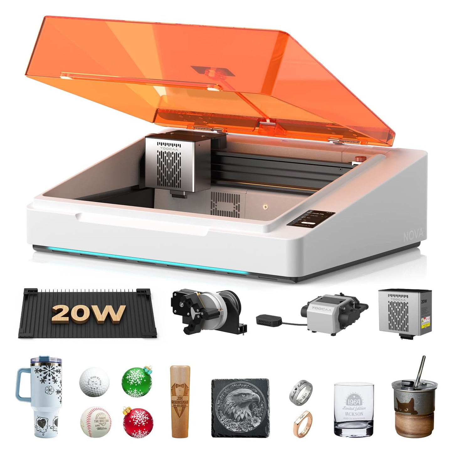 TOOCAA NOVA 20W Smart AI Laser Engraver with Rotary & Air Assist, Fully Assembled Enclosed, 5MP AI Positioning Camera & Auto Focus, Blade Cutting Panel, Class 1 Safety, No-Riser Tumbler Engraving