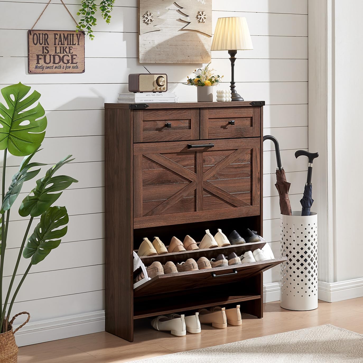 Barnyatoh Shoe Storage Cabinet, Farmhouse Shoe Organizer with 2 Hidden Flip Drawers & 2 Drawers, Narrow Freestanding Shoe Rack Cabinet with Adjustable Shelves for Entryway Hallway,Rustic Brown