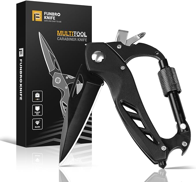 FUNBRO Multitool Carabiner with Pocket Knife, Stocking Stuffers Gifts for Men, EDC Carabiners with Folding Knives, Bottle ...
