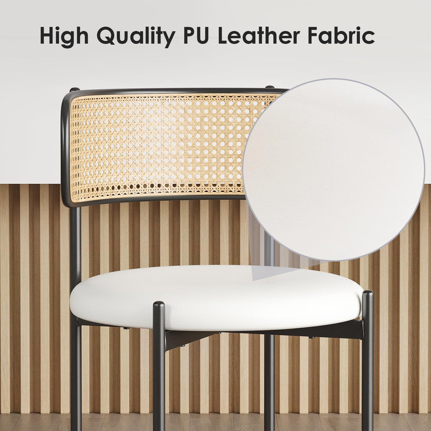 Farini Dining Chairs Set of 4, PU Leather Upholstered Seat with Woven Rattan Back, Sturdy Metal Legs Modern Side Chairs for Kitchen Living Room Restaurant, Beige