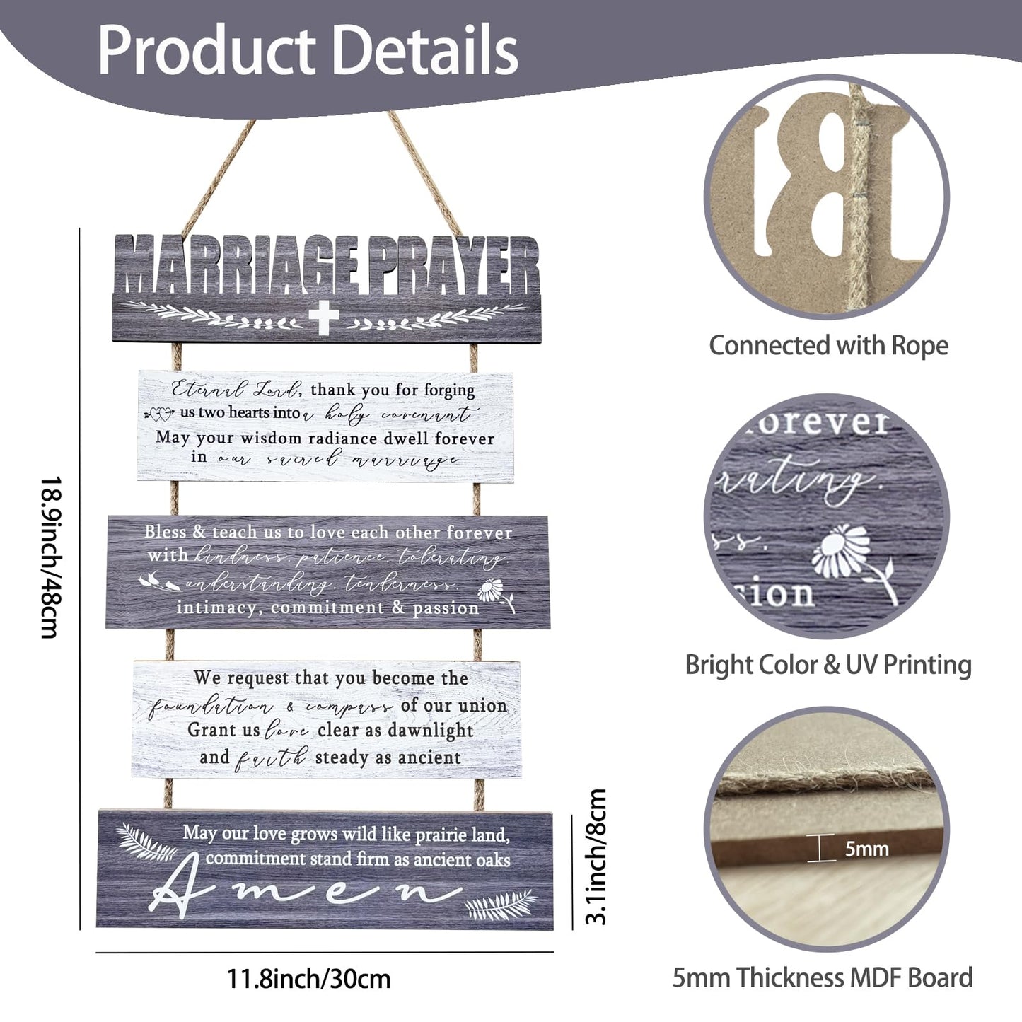 PURREITTI Rustic Marriage Prayer Signs Wall Decor for Bedroom, Christian Religious Inspiring Home Decor for Couples, Wedding Gifts for Newlyweds Bridal Shower Marriage Anniversary Wife Husband