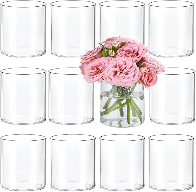 TBWIND 12pcs Small Glass Cylinder Vases for Centerpieces, 4 Inch Clear Flowers Vase for Wedding Decorations, Glass Hurrica...