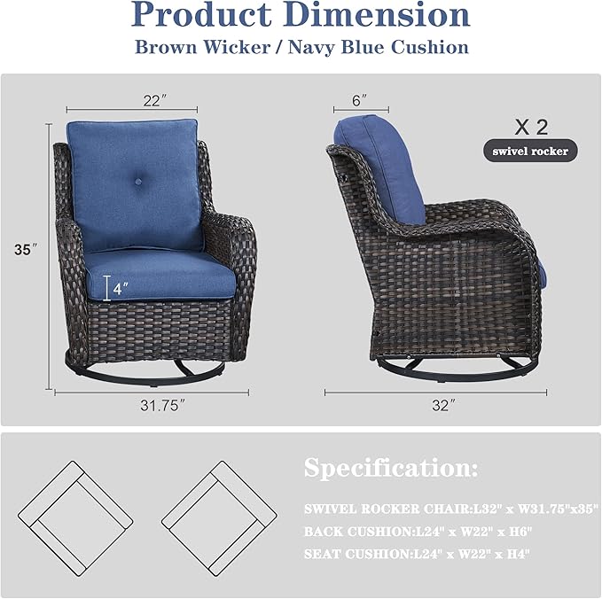 Belord Outdoor Swivel Rcoker Patio Chairs - Outdoor Swivel Patio Chairs Set of 2 Wicker Chair Patio Furniture Sets with Covered Cushion for Porch Deck Balcony Garden, Blue
