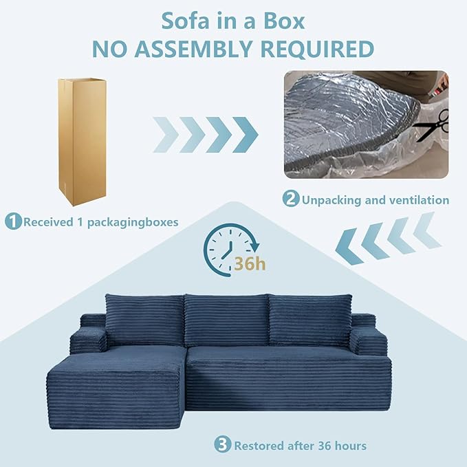 96" Cloud Sectional Couch with L-Shape Chaise, Modern Corduroy Boneless Couch for Living Room,Memory Foam Sofa with Deep Seat,No Assembly Required (Blue,Left-Facing Chaise)