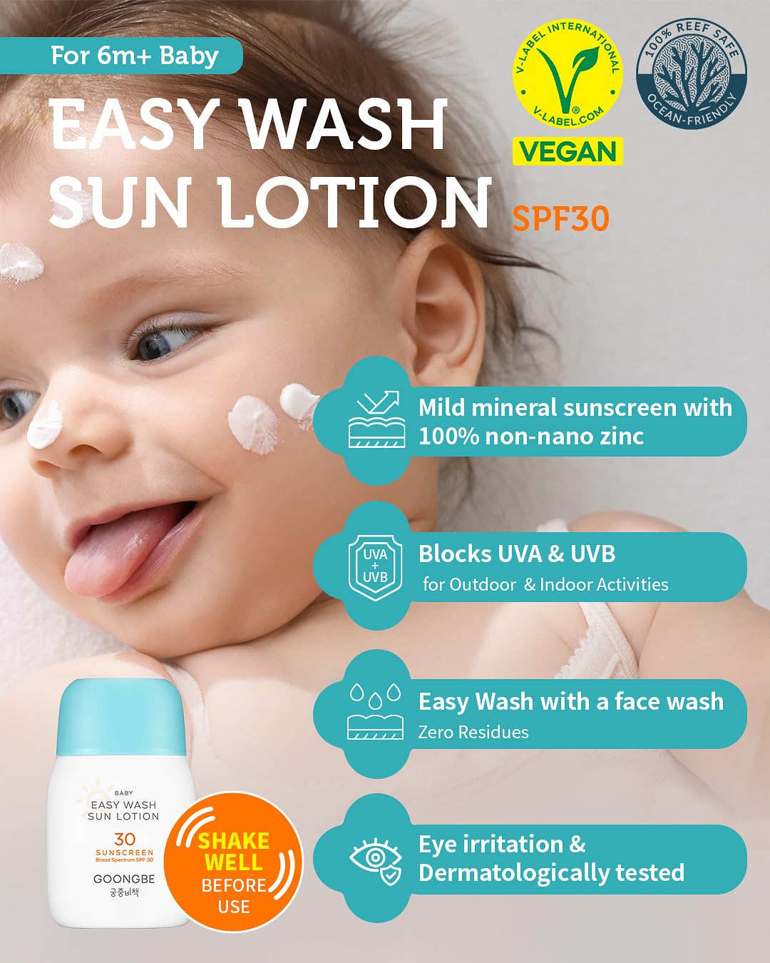 GOONGBE Baby Easy Wash Sun Lotion SPF 30 & Soothing Water Gel Cream - Korean Zinc Oxide Mineral Sunscreen & Cooling Moisturizer