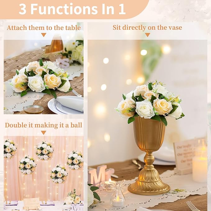 NUPTIO Artificial Flower Centerpieces for Tables: 6 Pcs Peachy Champagne & White Flower Ball Arrangement for Wedding Party - 9.5 Inch Diameter Floral Rose for Bridal Shower Decor