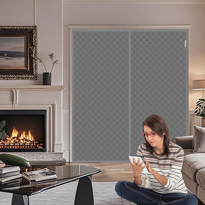 Magnetic Thermal Insulated Door Curtain Fit Door Size 72" x 80", Quilted Oxford Fabric Thicken Cotton Fill, Winter Cover Keep Cold Draft Out, Blanket Insulation for Front Patio Doors Gray