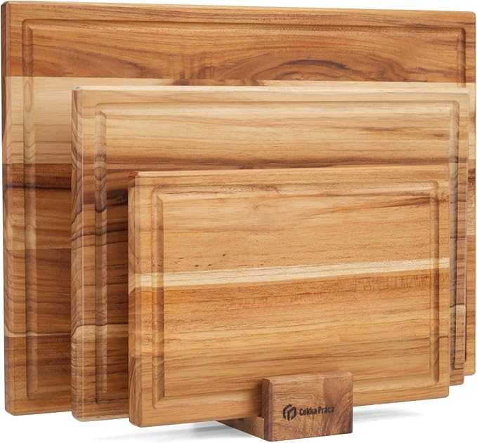 Cokka Praca Teak Cutting Board Set with Stand | 3 Pcs Durable Wooden Cutting Boards for Kitchen | Splinter-Free & No Crack...