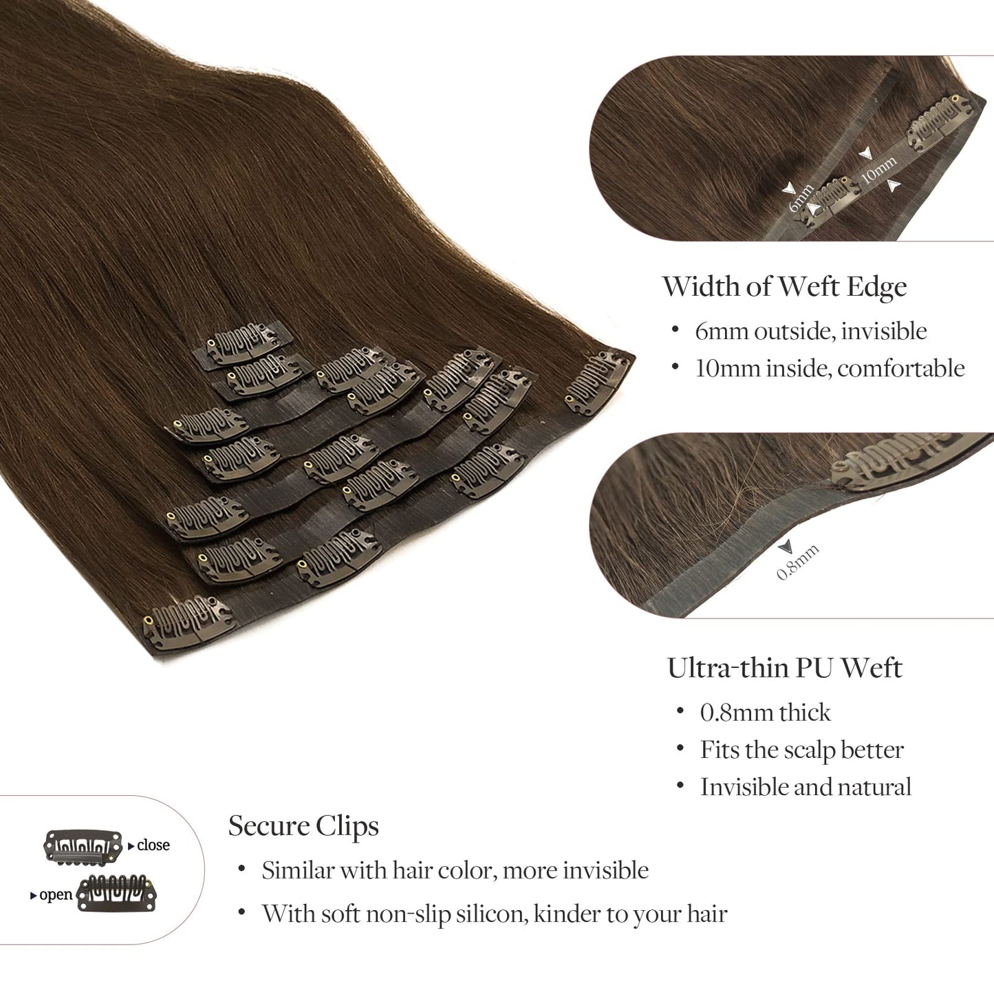 MAXITA Real Human Hair Extensions, 22 Inch Chocolate Brown 150g 7pcs, Clip in Remy Straight Long Hair Extensions, Seamless Clip