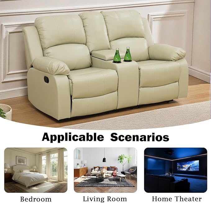 Caberryne Leather Recliner Sofa，Reclining Loveseat for Living Room Furniture Sets, Beige Double Recliner Loveseat for Living Room/Office/Theater Seating/Rv(2 Seater Couch)