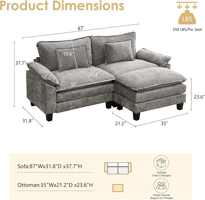 URRED Cloud Couch Modular Sectional Sofa, 87" Modern L Shaped Deep Seat Sofa with Ottoman & Pillows, Ultra Comfy Chenille Couches for Living Room, Bedroom or Apartment, Grey