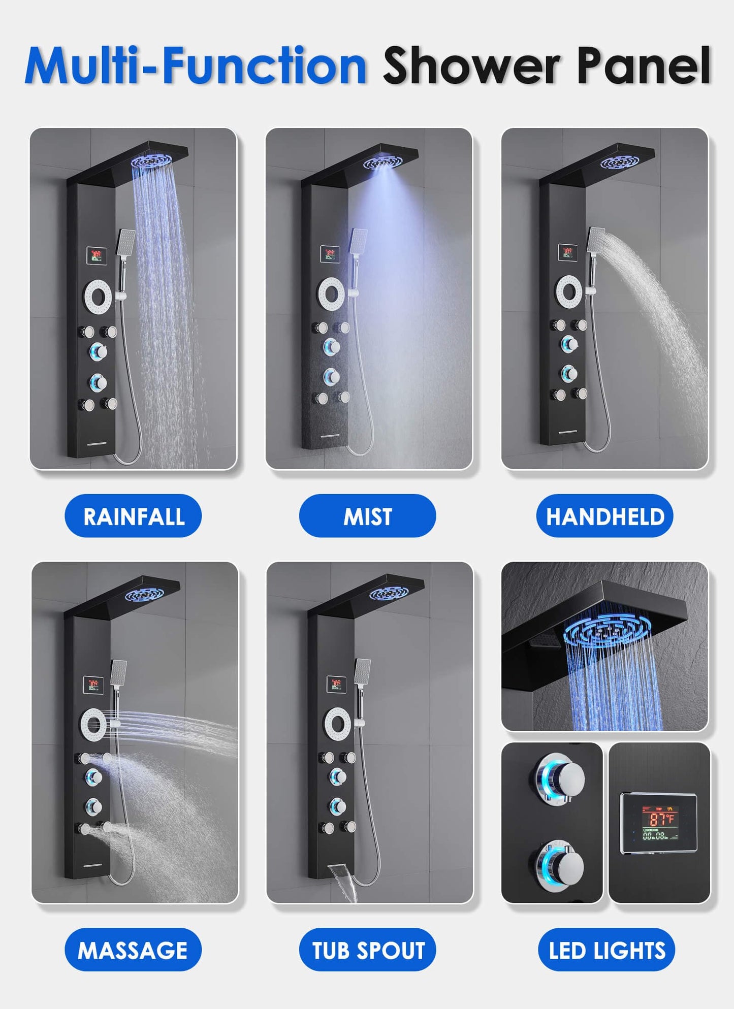 ROVOGO Shower Panel System with Led Lights No Battery Needed, MIST & RAIN Shower, 5 Body Jets, Handheld, Tub Spout and Temperature Display, Water Powered Led Shower Tower Column Stainless Steel, Black