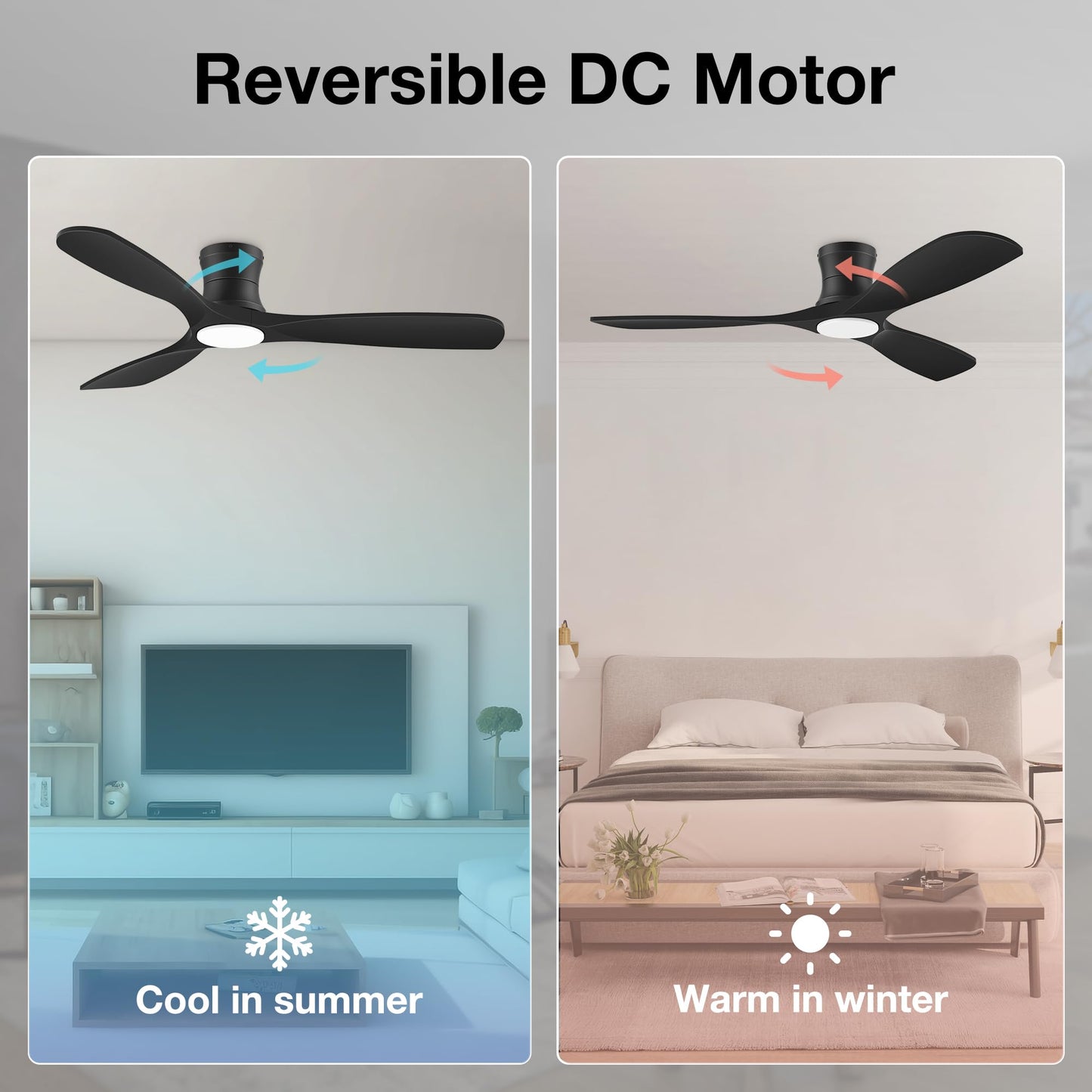 52” Smart Low Profile Ceiling Fans with Lights Remote,Wood Flush Mount Modern Ceiling Fan for Bedroom Living Room Patio,WIFI Alexa App Control,Outdoor Indoor Use,Matte Black,Ultra-Quiet,Dimmable LED
