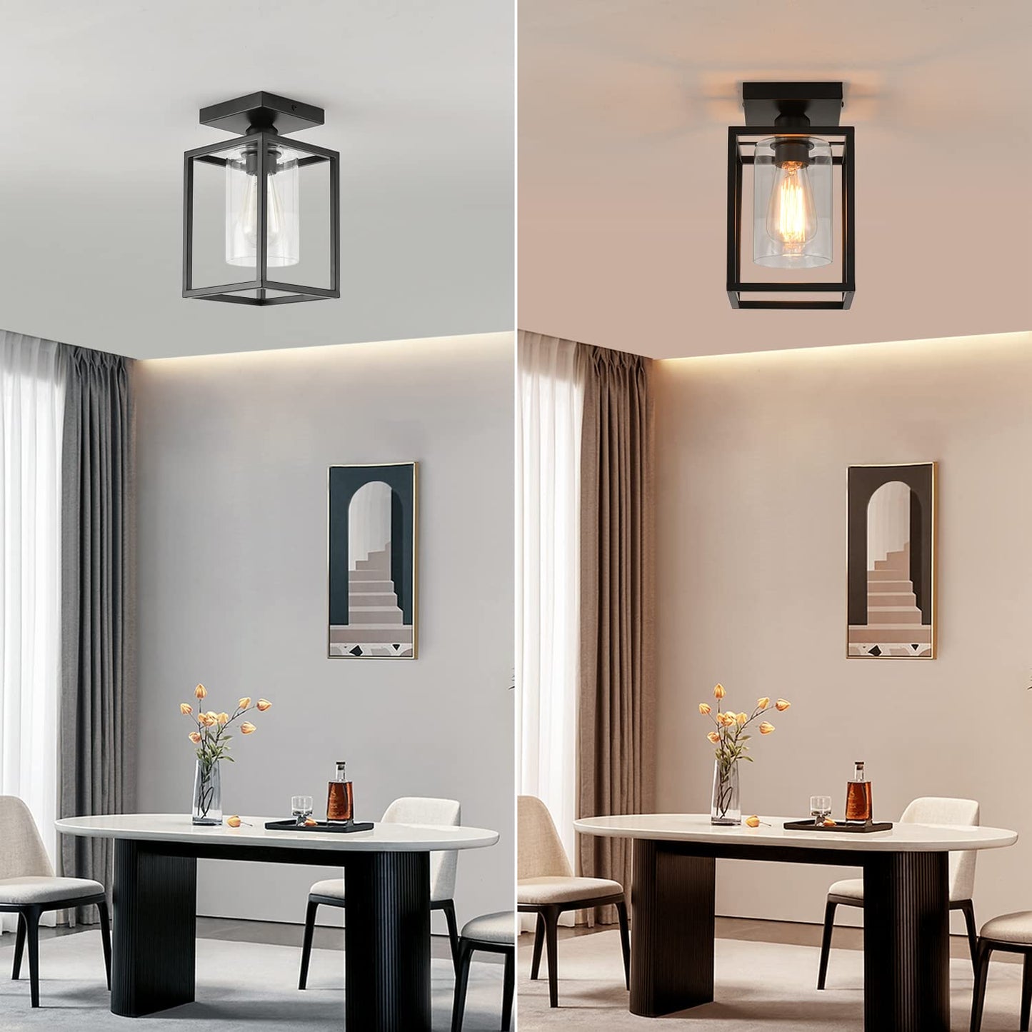 IHENGYANLT 1 Pack Semi Flush Mount Black Metal Frame Ceiling Light with Clear Glass Shade, Farmhouse Fixture for Kitchen, Island, Entryway, Porch, Foyer, Dining Room