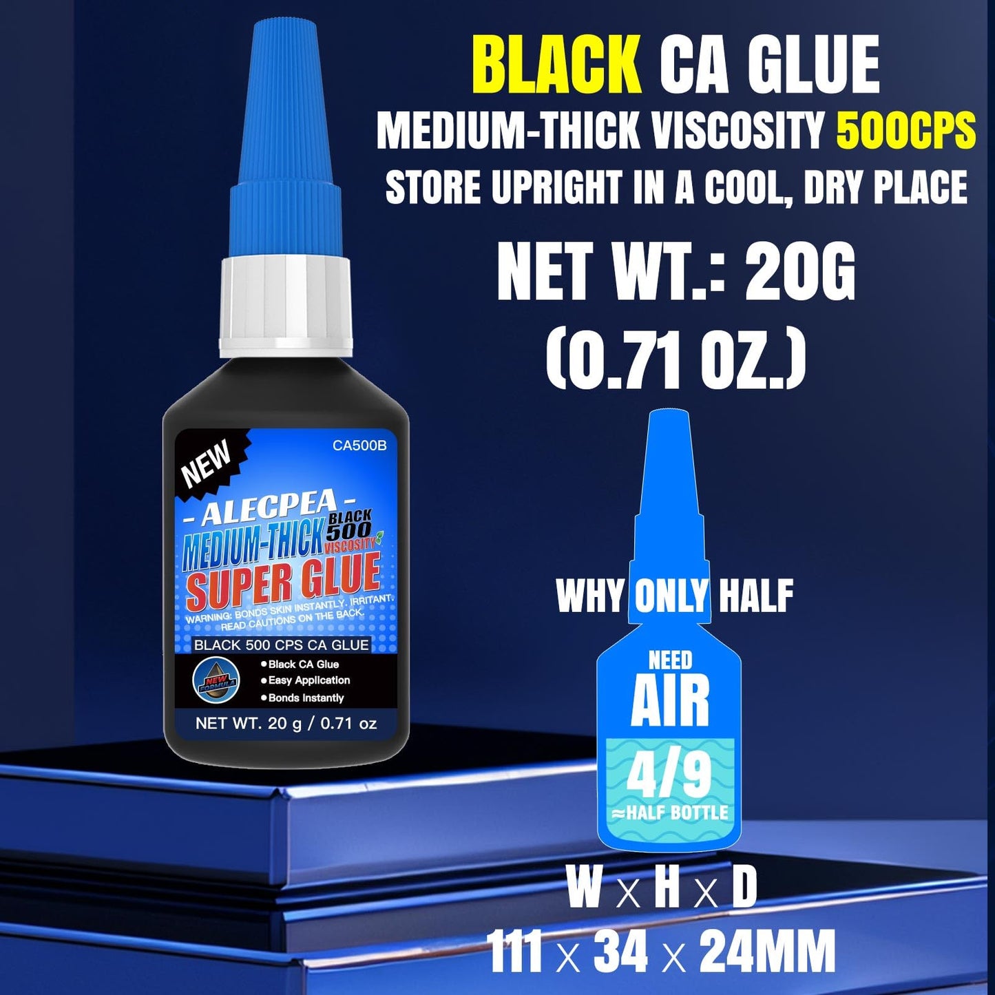 20g Black Medium-Thick CA Glue (500 CPS),Premium Cyanoacrylate Super Glue for Wood, Glass, Metal, Paper, Leather, Plastic, Ceramic, Rubber, Jewelry, Woodworking, Hobby Models, and Craft Project