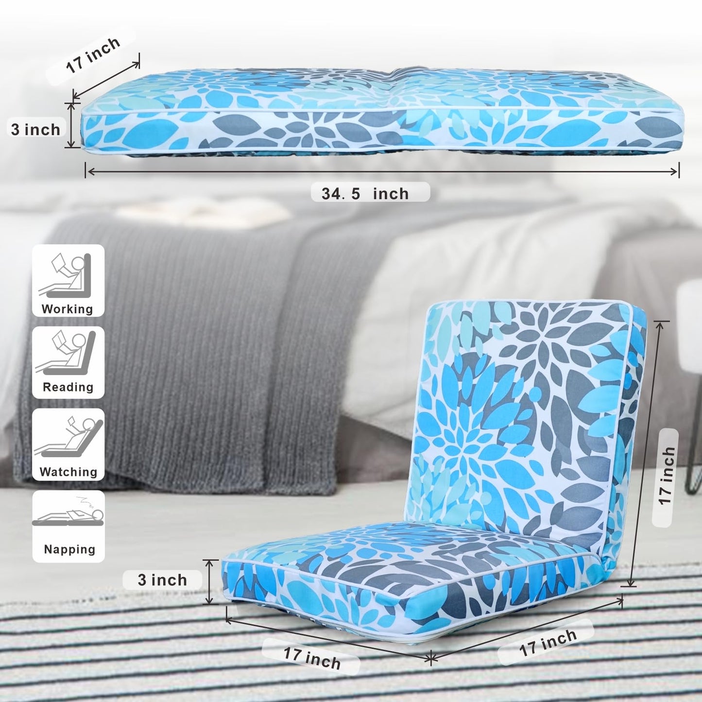 Floor Chair with Back Support Adjustable Position Floor Gaming Chair , Couch Recliner, Floor Couch, Removable Meditation Chair Cushion Indoor or Outdoor Seasonal All Weather Replacement (Light Blue)