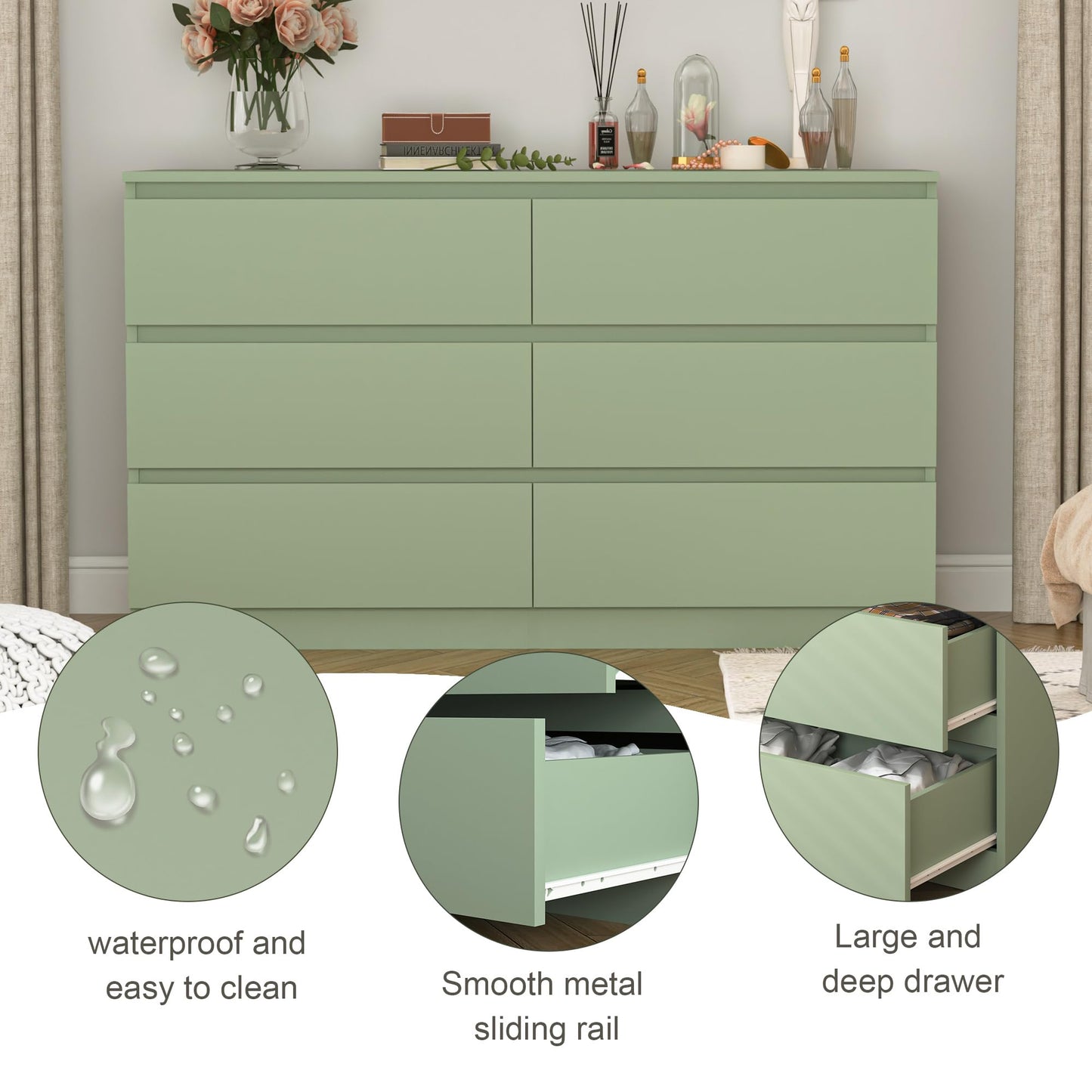 CIPACHO Green Dresser for Bedroom, Modern Large 6 Drawer Dresser with Deep Drawer,Wide Storage Chest of Drawers,TV Stand for Living Room