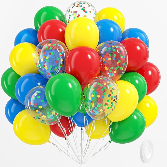 BAUANOOY Red Yellow Blue Green Balloons, 60pcs 12 Inch Latex BaIloons Colourful Confetti BaIloons for Baby Shower Carnival...