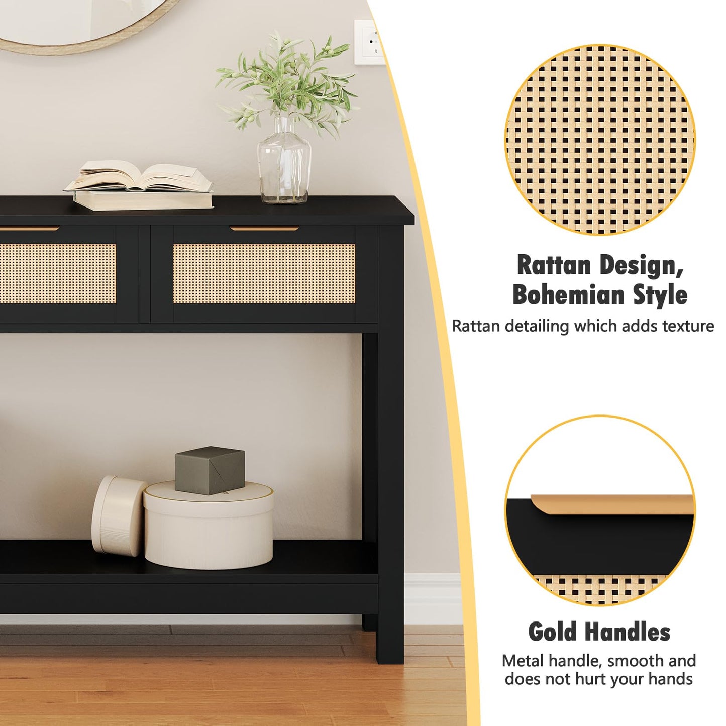 Luoxiao Entryway Console Table with 3 Rattan Drawers - Long Sofa Table Behind Couch Modern Fluted Hallway Living Room Storage Cabinet, Entry Table Open Shelf Foyer Furniture, Anti-Tip, Black, 47 Inch