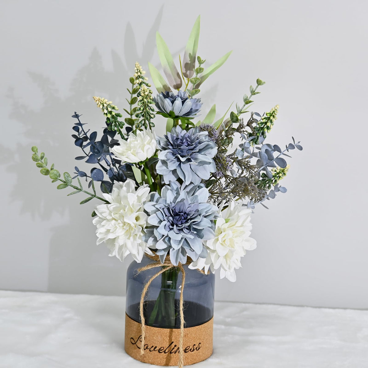 LADADA Artificial Peony Flower in Gray Glass Vase, Faux Flowers Plants Decor Suitable for Home Office Table Decorations, Dining Table Bathroom Kitchen Decor