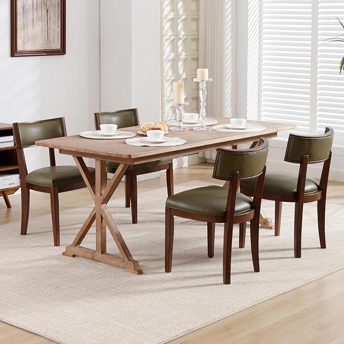 DM Furniture Mid Century Modern Dining Chairs Set of 4 Faux Leather Upholstered Dining Room Chairs with Curved Backrest Farmhouse Kitchen Chairs Solid Wood Side Chairs for Living Room/Restaurant