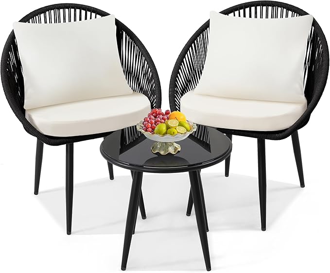 wildformers 3 Pieces Bistro Set, Woven Rope Chair with Cushions, All Weather Patio Conversation Set and Side Table, Ideal for Deck, Balcony, Poolside, Black