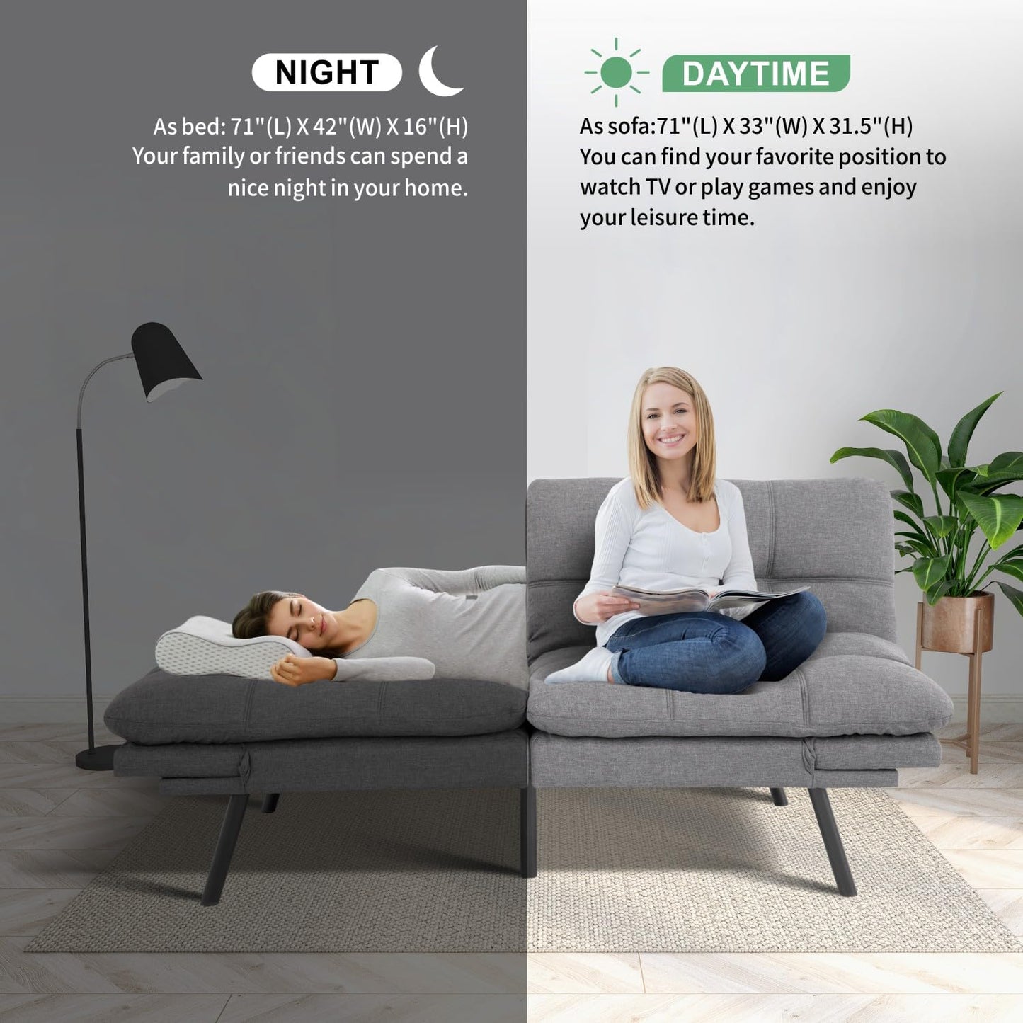 MUUEGM 71" Futon Sofa Bed, Convertible Couch Filled with Memory Foam, Modern Loveseat with Adjustable Backrest&Armrest, Sofas for Living Room,Game Room,Dormitory,Office.Light Grey Fabric
