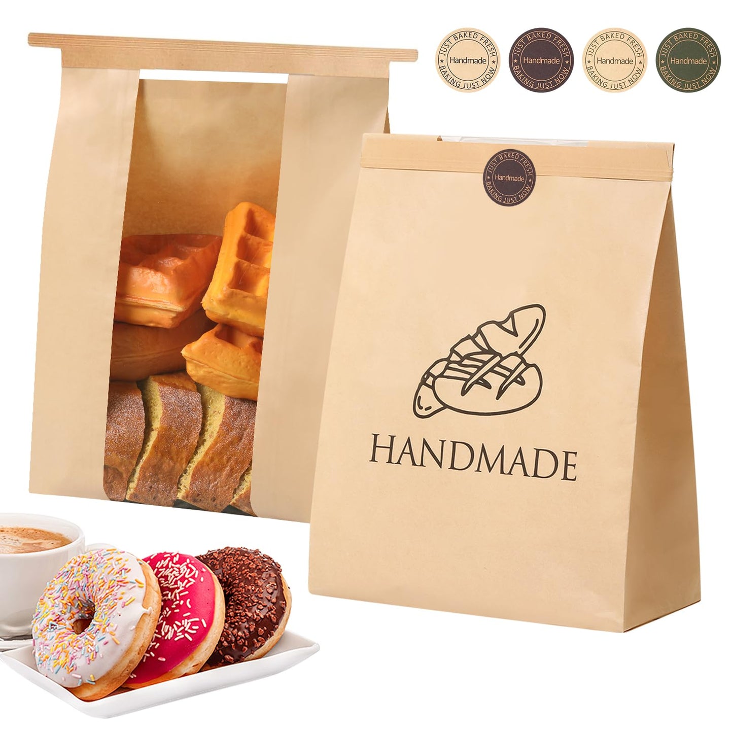 45 Pack Paper Bread Bags for Homemade Baking - Tin Tie Tab Lock Sourdough Bag, Large Loaf Packaging With Clear Window for Storage - 48 Label Seal Stickers for Bakery Use
