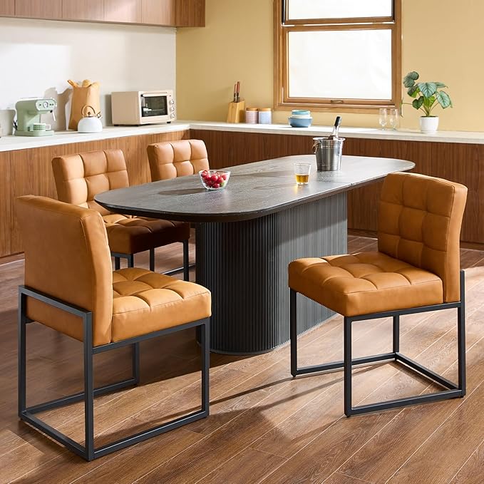 GrandNoor Brown Faux Leather Dining Chairs Set of 4, Mid-Century Modern Dining Room Chairs with Armless, Checkered Kitchen Chair with Metal Legs