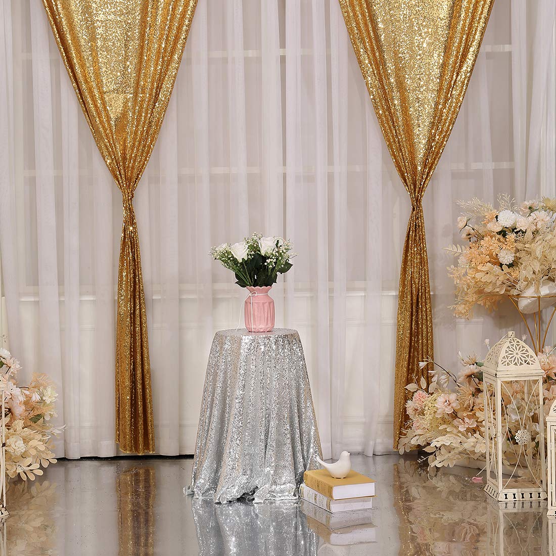 Poise3EHome 2Pcs 3Ft x 8Ft Gold Sequin Backdrop Curtain, Glitter Photography Background, Sequence Xmas Thanksgiving Backdrop for Wedding Party Holiday Festival Decor