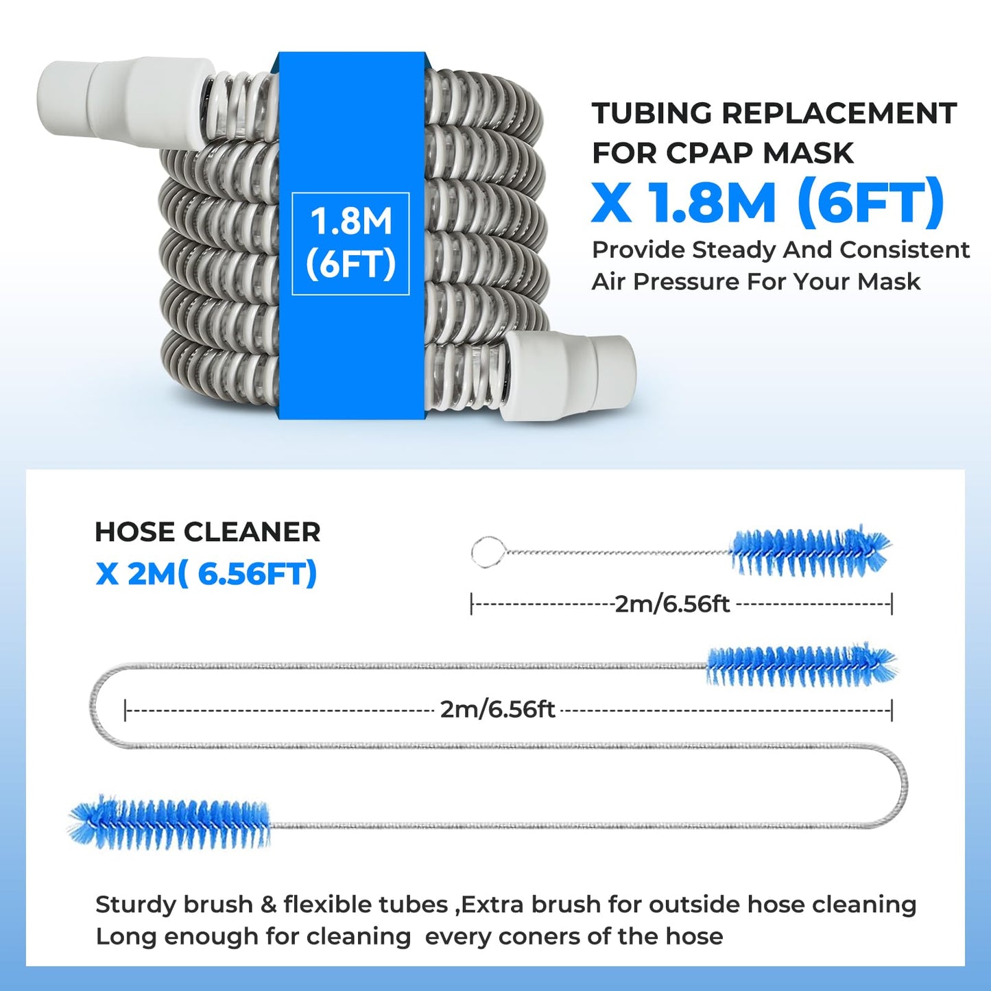 2 PACK Universal Tubing Replacements for CPAP Supplies, 6 Foot Hoses Compatible for Philips Respironics,Resmed Airsense and Most of CPAP, APAP, BiPAP Machine/Mask with Clean Brush