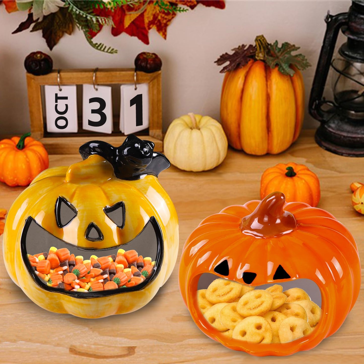 DIYDEC 2pcs Halloween Candy Bowls, Pumpkin Candy Dish Candle Holder Pumpkin Ceramic Bowl Tableware Decorations for Halloween Tiered Tray Ornament Home Decor