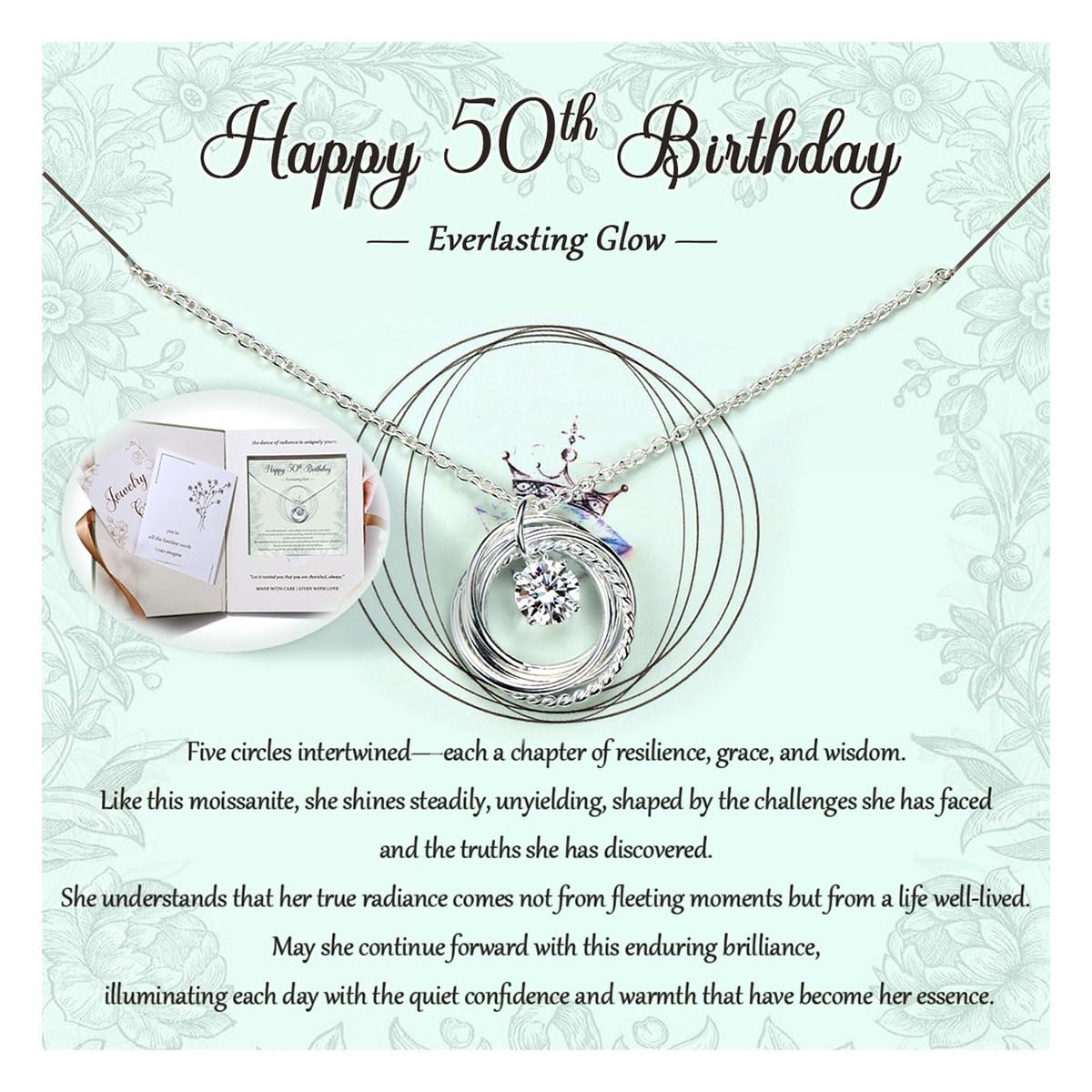 Krfy Birthday Gifts for Women Unique - 925 Sterling Silver Necklace with Moissanite 50th Birthday Gifts for Women 50 Years Old Birthday Card Present for Her Mom Wife Friend Female Turning 50s
