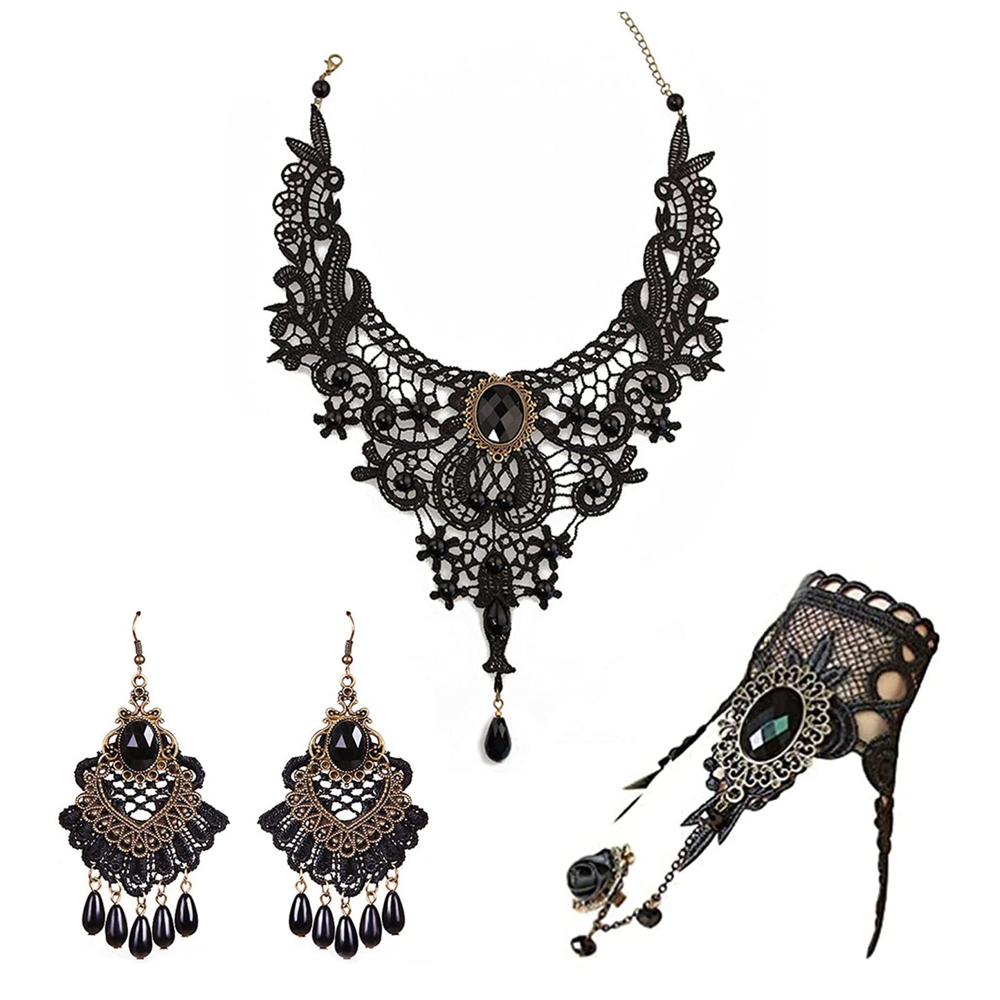 Halloween Black Choker Earrings Bracelet Set Witch Costume Women Gothic Accessories Vintage Goth Jewelry Set Black Ring Gloves Vampire Choker Necklace Halloween Costume