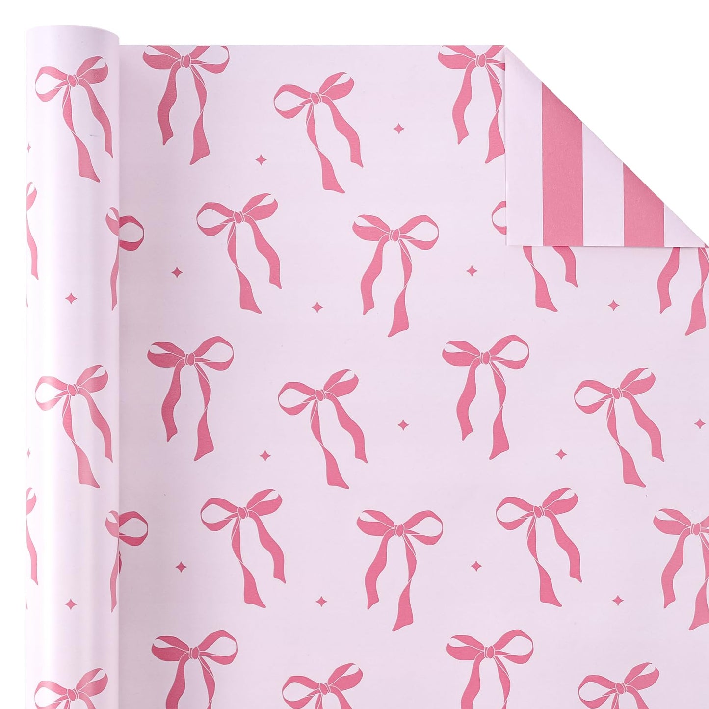 WRAPAHOLIC 30 Inch Jumbo Reversible Pink Bow Wrapping Paper Roll - 30 Inch x 33 Feet - Pink Ribbon Bow and Stripes Design Perfect for Girls Birthday, Baby Shower, Bachelorette Party