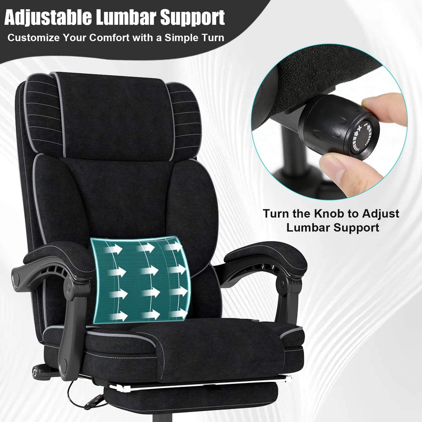 Executive Office Chair with Footrest, Ergonomic Reclining Computer Desk Chair with Adjustable Lumbar Support, 360° Swivel, Breathable Fabric, 400lbs Capacity for Home & Office