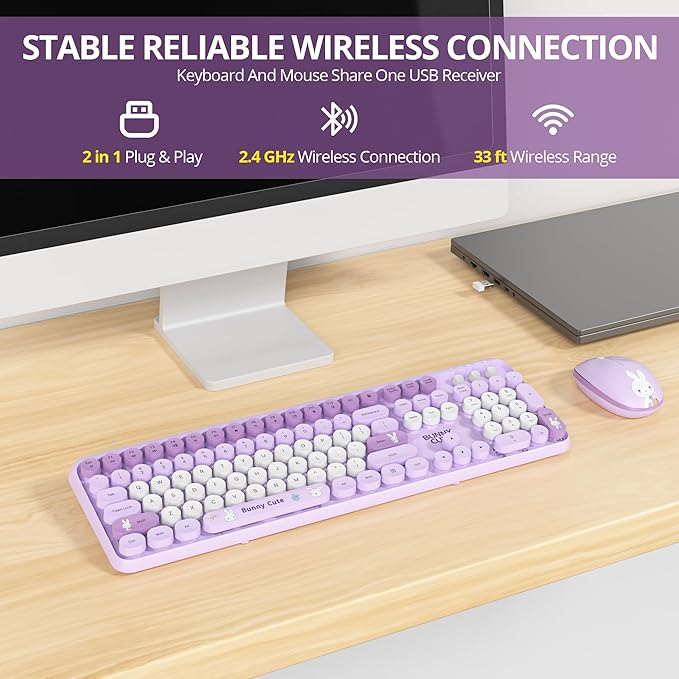Owpkeenthy Cute Purple Keyboard and Mouse Wireless, Colorful Keyboard Retro Typewriter Style Full-Sized with Number Pad Round Keys for Desktop, Laptop and Computerr (Bunny Purple)