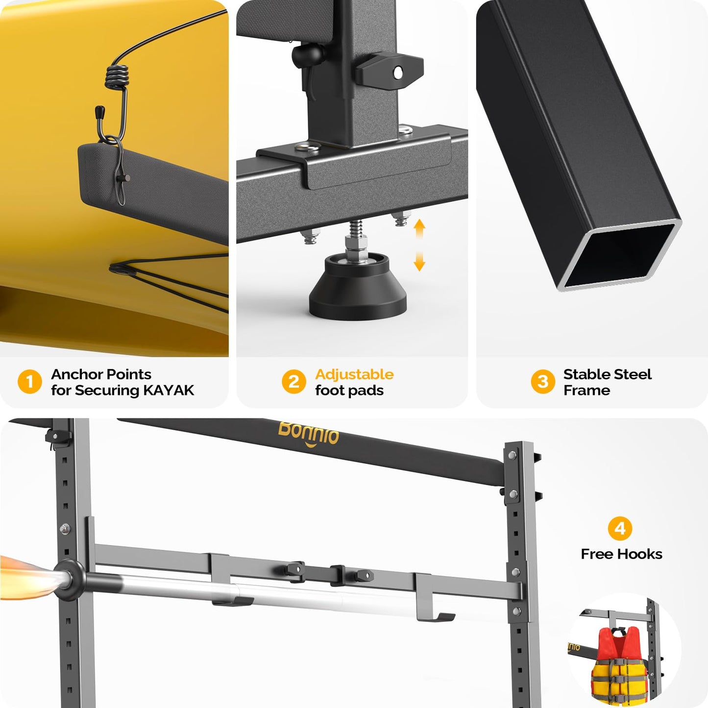 Bonnlo Kayak Storage Rack, Adjustable Heavy Duty Kayak Rack for 2 Kayaks Paddle Boards, Kayak Paddle Holder for Garage Holds up to 274 lbs, Spacesaver, Gentle on Padding, Boat Organizer