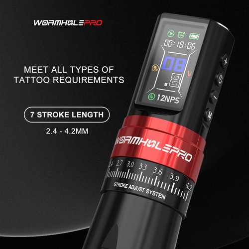 WORMHOLEPRO Tattoo Gun Adjustable Tattoo Pen Stroke, Tattoo Kit with Dotwork Mode, Memory Function, Professional Grade Tool Suitable for Beginners and Professional Tattoo Artists - Black