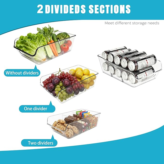 Pantry Organizers and Storage,Clear Plastic Containers with 2 Dividers for Kitchen,Fridge,Freezer Organization and Storage,Acrylic Bins for Pounches,Spice Packet,Snack organzier (4 Pack)
