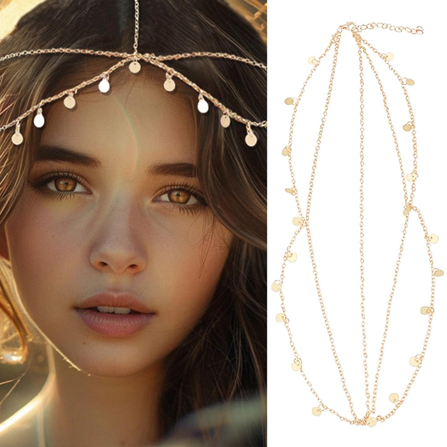starfa lab Gold Sequins Head Chain Jewelry,Festival Prom Costume Hair Accessories,Bridal Layered Hair Chain,Fashion Headbands He