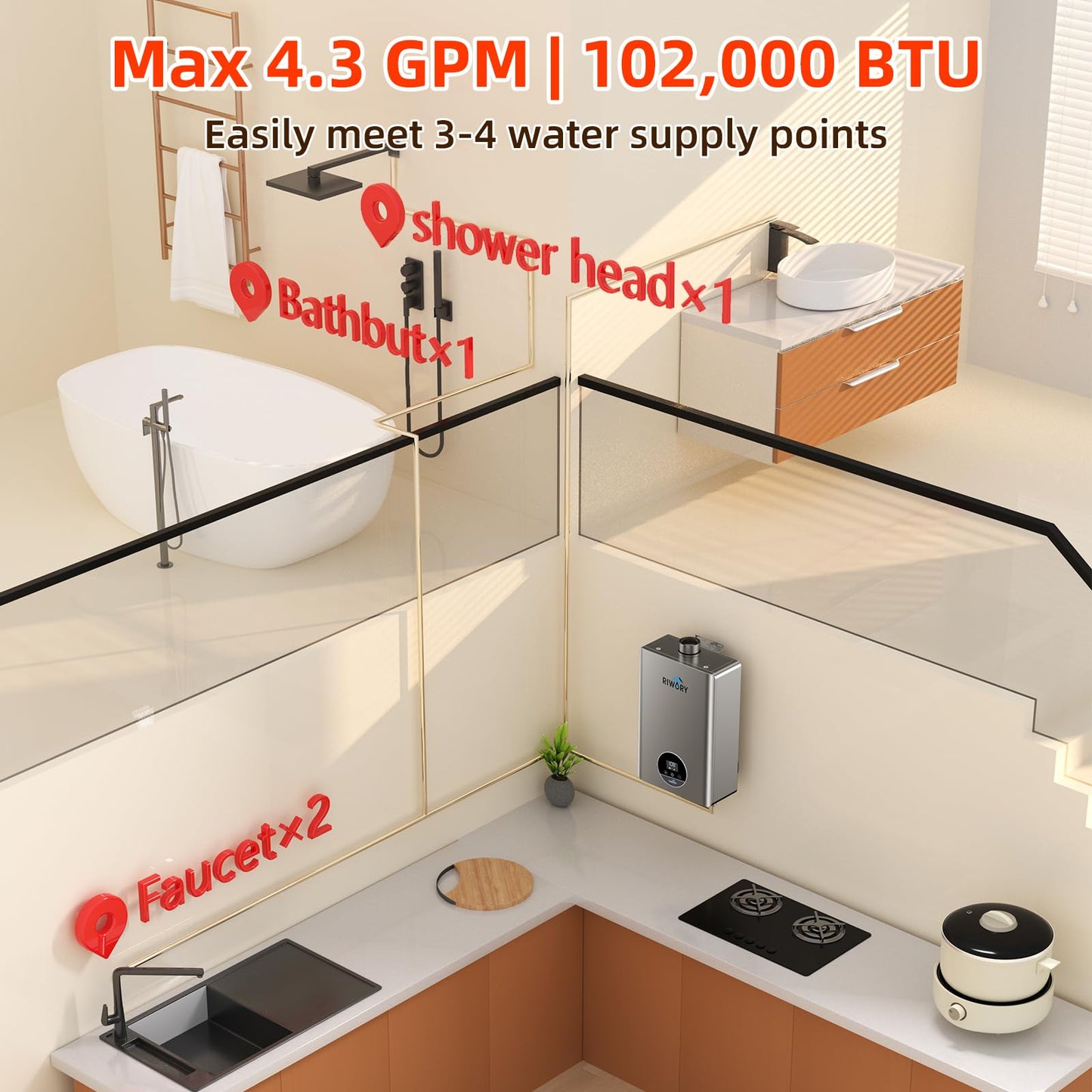 RIWORY 102000 BTU Natural Gas Tankless Water Heater, Max 4.3 GPM Intelligent Constant Indoor Instant Gas On Demand Hot Water Heater Tankless with Freeze Protection, 3/4" NPT, for 3-4 Water Points