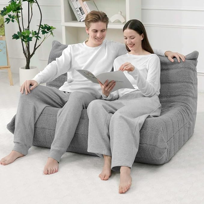 HABUTWAY Bean Bag Chairs Fireside Lazy Floor Sofa, Soft Teddy Fleece 2 Seater Sofa with High-Resilience Foam Filling，Beanbag for Living Room, Bedroom, Office (Light Gray Teddy)