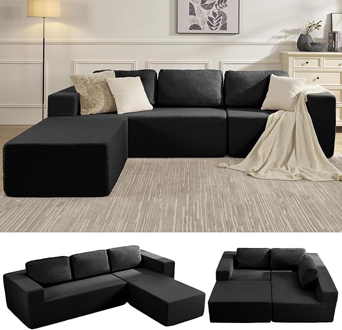 Furnify 136" Modular Sectional Couch Left/Right Facing Convertible, L-Shape Modern Teddy Sofa, Deep Seat Upholstered Foam Couch for Living Room Bedroom, No Assembly Required (Black, Teddy Boucle)