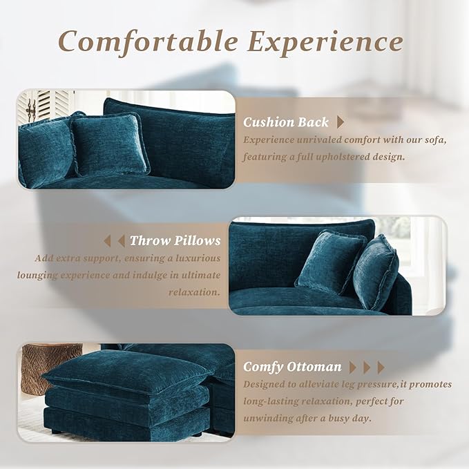 SoarFlash Chenille Sectional Sofa, Comfy L Shaped Modular Coush Sofa with Ottoman, Modern 3 Seat Couch Deep Seat Sofa Set for Living Room,Deep Blue