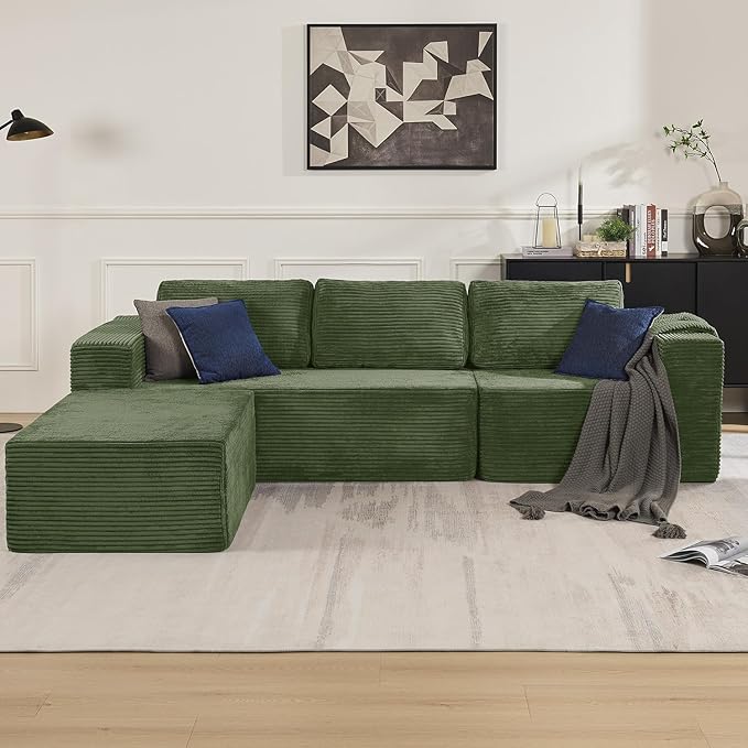 Furnify 106" 3-Seater Sofa, Cloud Modular Sofa with Certified Foam, Upholstered Floor Sofa with Deep Seat, Sofa for Bedroom Living Room, No Assembly Required (Green, Plush Corduroy Fabric)
