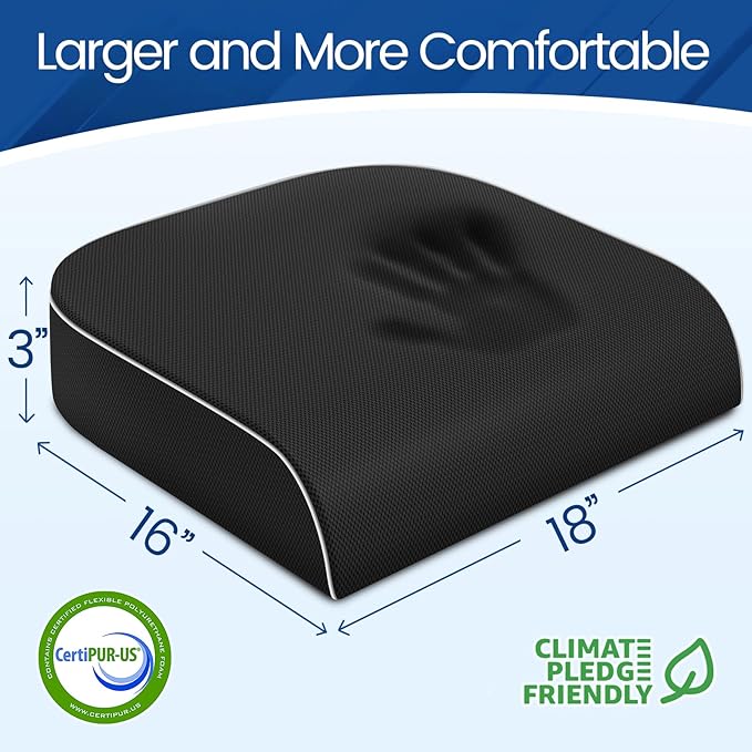 SweetSlubr Seat Cushion for Tailbone Pain Relief, Office Chair Cushion, Memory Foam Large Chair Cushion with Non-Slip Cover for Soft Support at Office Chair, Car Seat, Airplane Black/Large