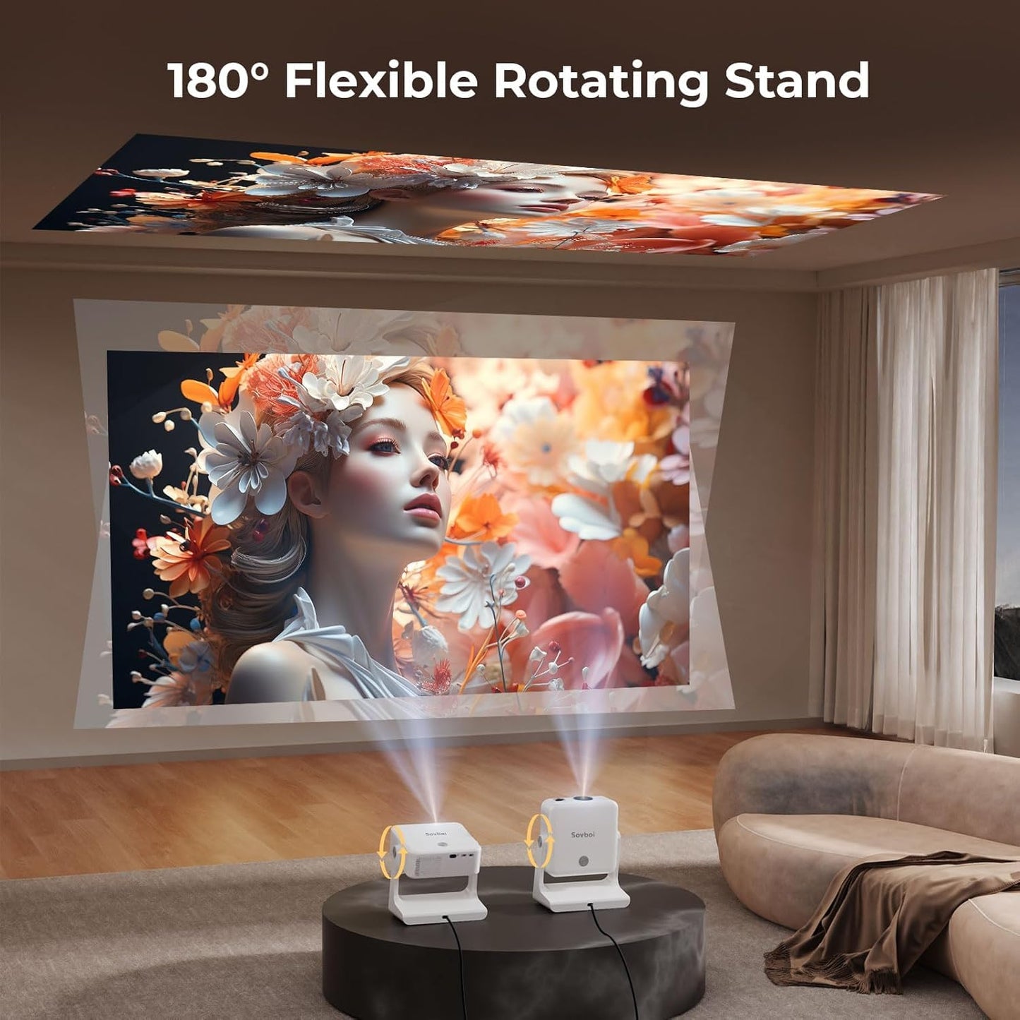 [Google TV/2000 ANSI/Voice Control/Built-in Apps] Outdoor Projector-4K with WiFi and Bluetooth: Portable-Movie-Smart-Projector, Sovboi 1080P 180° Stand Home-Ceiling-Proyector Compatible with Netflix