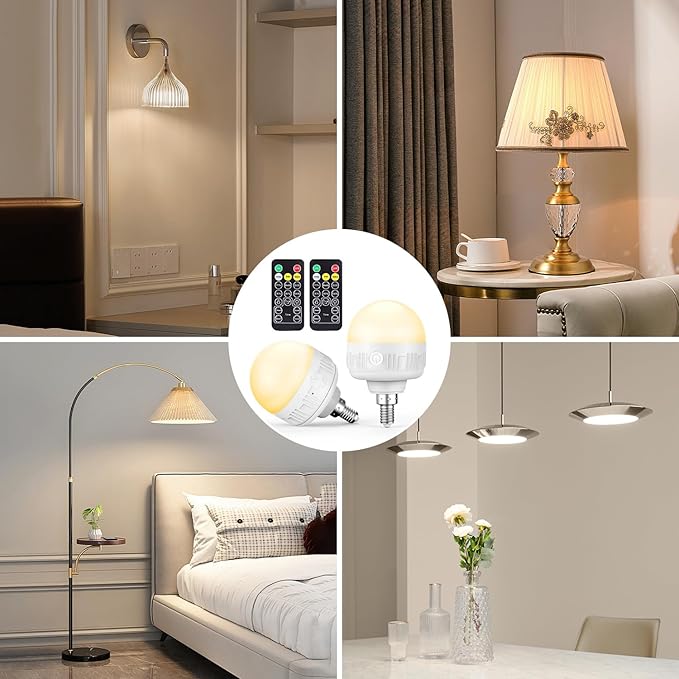 2Packs E12 Rechargeable Light Bulbs with Remote Control, 5W 350lm Magnetically Battery Operated Light Bulbs with 3 Color Temperature, Timer, Dimmer for Non-Hardwired Candle chandeliers Candelabra lamp